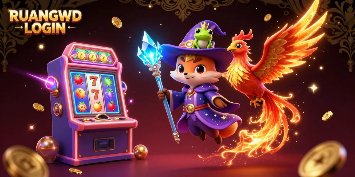 Engage with RUANGWD LOGIN through a captivating scene of a wizard, phoenix, and golden slot machines.