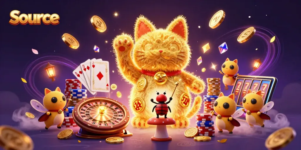 Engage with Source's dynamic lucky cat illustration, showcasing vibrant casino symbols and exciting game elements.