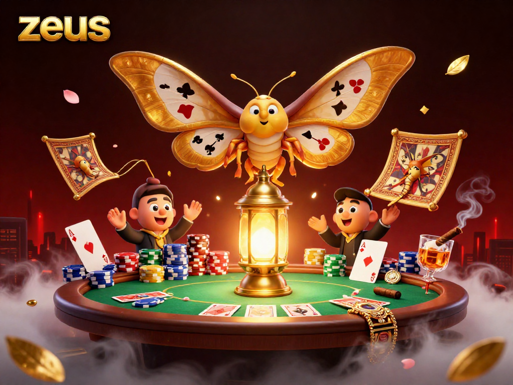 Experience zeus in action with a vibrant casino scene featuring animated moths and poker elements.
