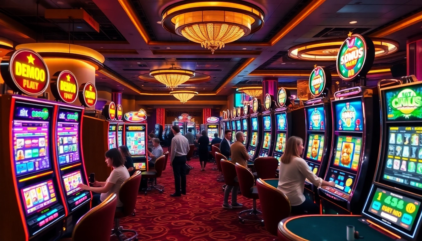 Experience thrilling slot gacor demo excitement with colorful machines and lively players in a luxurious casino.