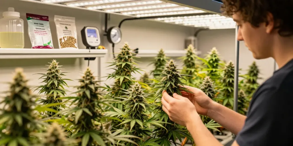 Indoor scene of a grower inspecting feminized seeds cannabis plants, showcasing vibrant greens and a well-maintained hydroponic setup.