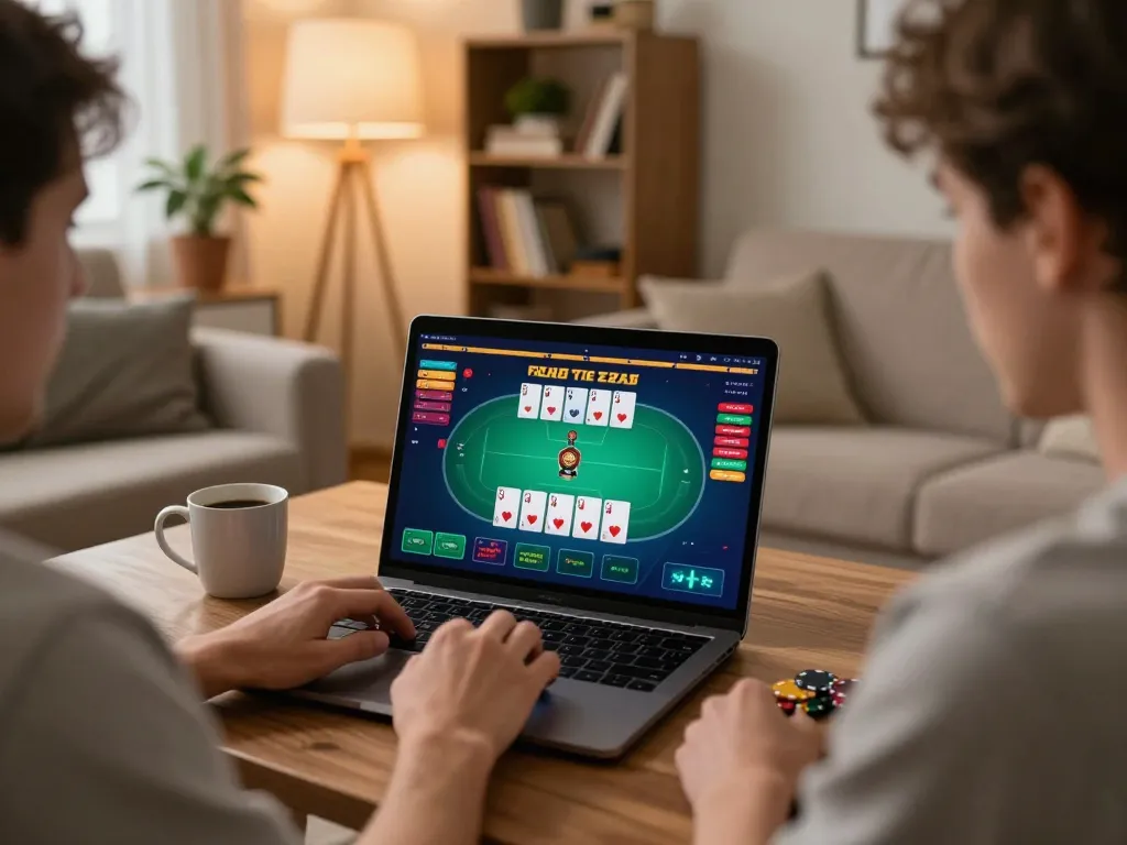 Engaging in online poker on a laptop while playing at home using https://dola88vn.com/ for a thrilling experience.