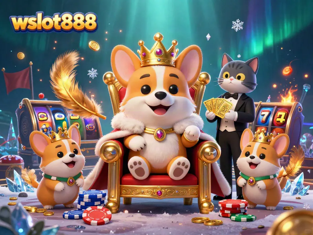Wslot888, permainan slot online dengan corgi kerajaan di tahta chip poker, menampilkan elemen permainan yang menarik.