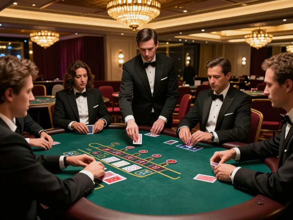 Players strategizing their moves at a high-stakes blackjack table in an upscale casino with 789WIN ambiance.