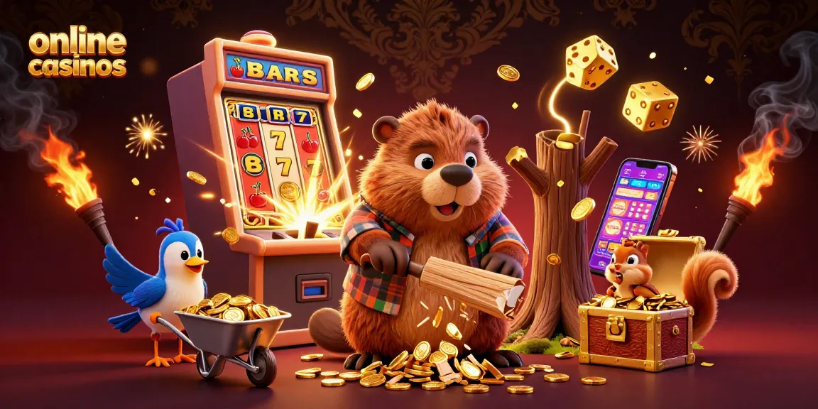Engage with exciting online casinos in a vibrant 3D scene featuring animated animals collecting golden coins.