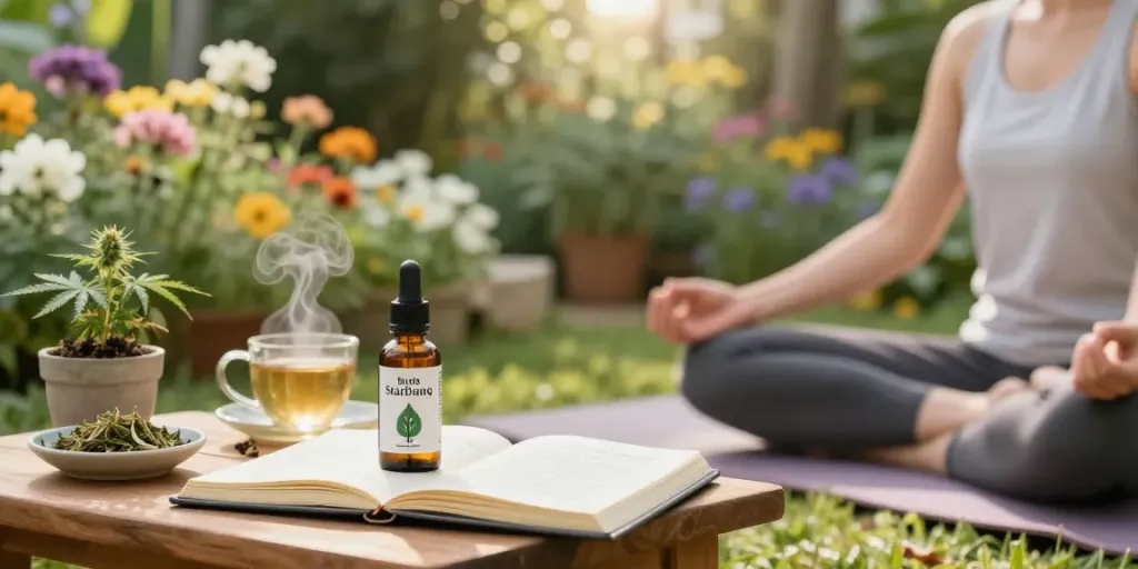 Buds StarDawg CBD oil bottle amidst a tranquil outdoor wellness scene, featuring a woman meditating, symbolizes natural relief and holistic health.
