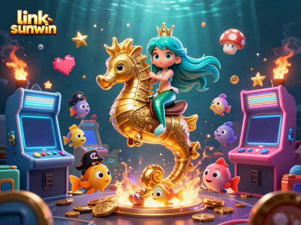 Play and win big at link sunwin, where a mermaid rides a seahorse amidst vibrant casino elements.