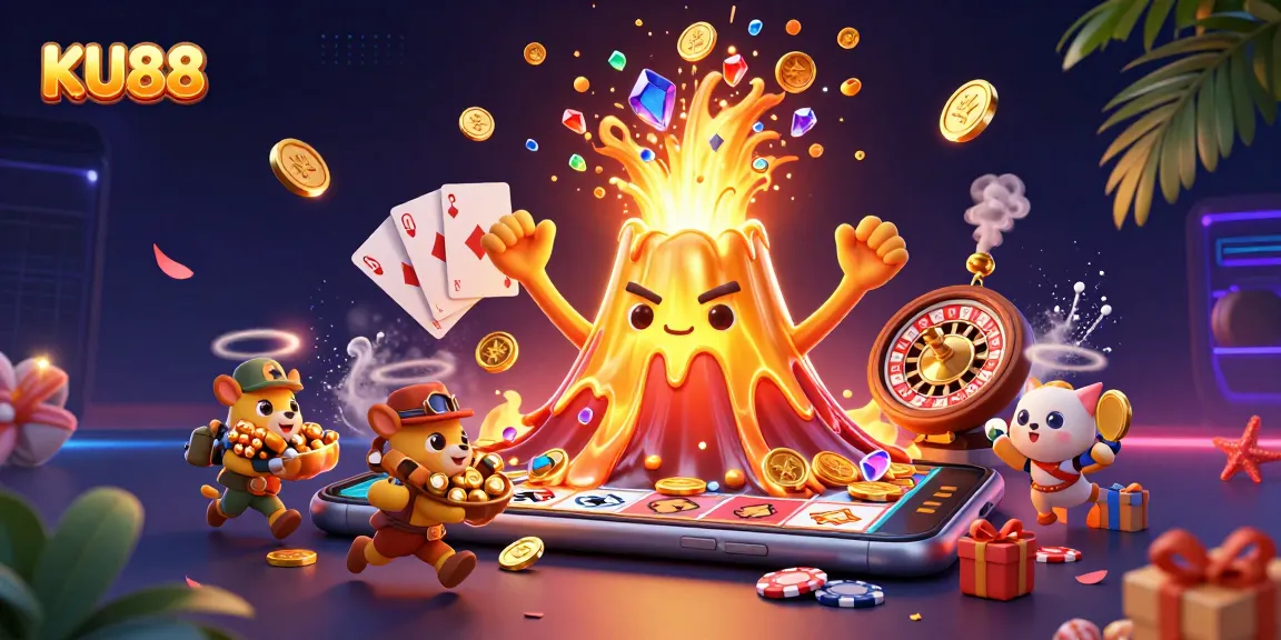 Engage with the thrilling KU88 casino scene featuring a golden volcano erupting treasures.
