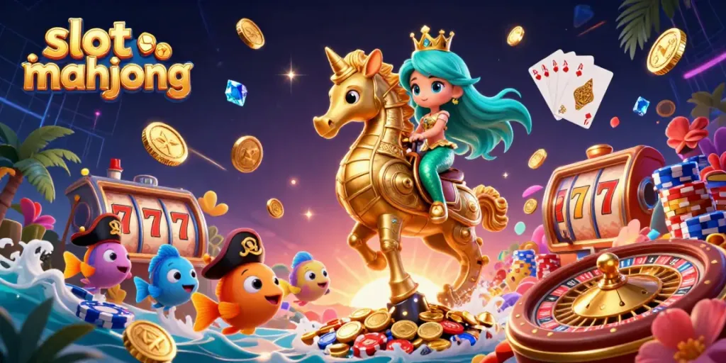 Engage in exciting slot mahjong gameplay with vibrant mermaid characters, colorful fish, and glittering coins.