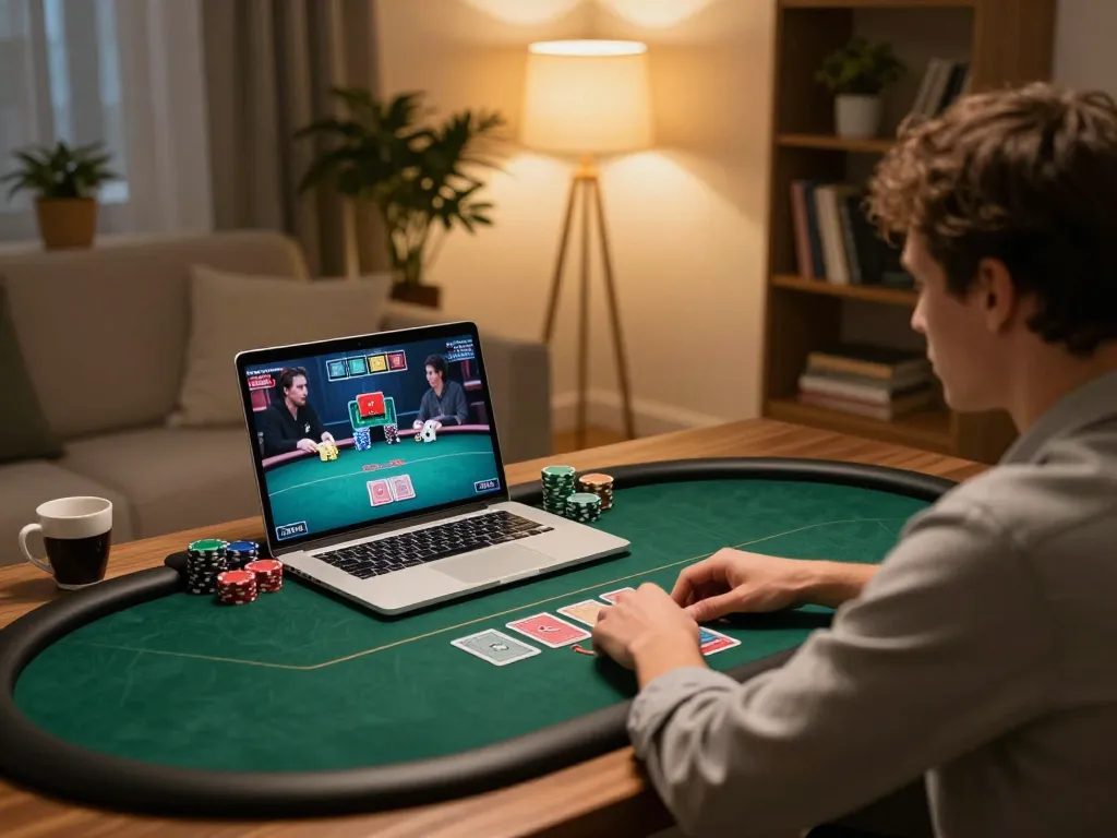 Player enjoying Poker88 on a laptop, showcasing an exciting online gambling scene.