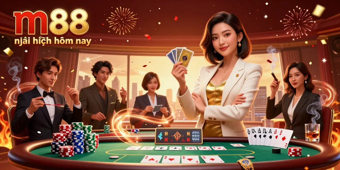 M88 mới nhất hôm nay tiết lộ một người phụ nữ châu Á quyến rũ tự tin cầm bài tại một bàn poker đông đúc.