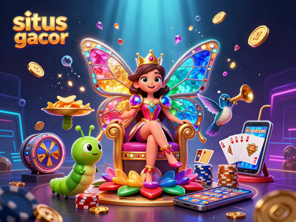 Permainan situs slot gacor dengan ilustrasi 3D ratu kupu-kupu dan elemen kasino warna-warni yang menarik