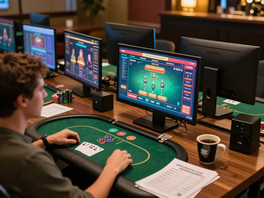 Enjoying ดูหนัง online gaming with strategic setups in a cozy home environment while managing bets.