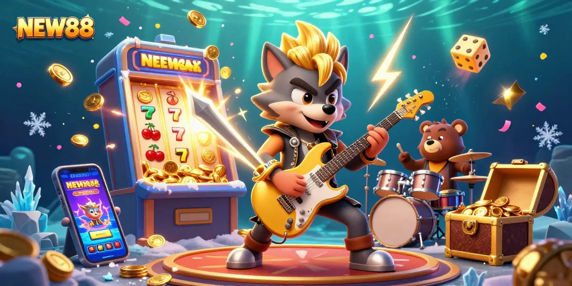 Experience thrilling wins at NEW88 with a vibrant casino scene featuring a rock star wolf and rushing slot machine action.