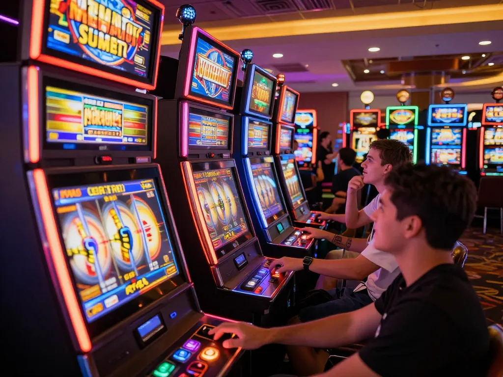 Pemain merayakan kemenangan di mesin slot yang cerah dalam suasana kasino yang meriah
