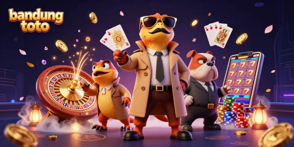 Experience the thrill of "bandung toto" gaming with cartoon characters entering a VIP casino.