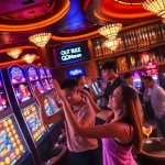 Exciting players enjoying QQMacan slot machines in a luxurious casino atmosphere.