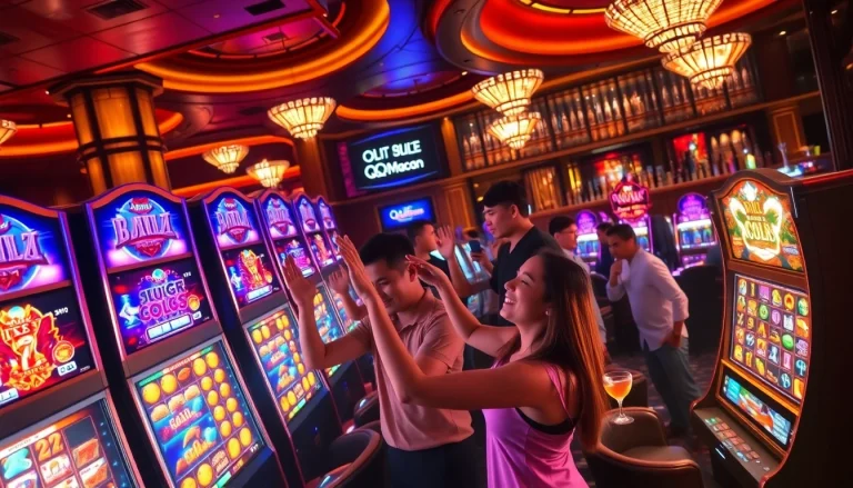 Exciting players enjoying QQMacan slot machines in a luxurious casino atmosphere.