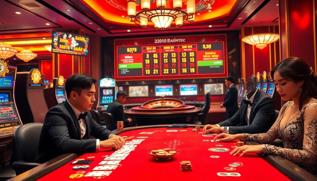 Engaged players strategizing Dàn Đề Miền Bắc amidst a vibrant casino atmosphere.