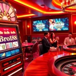 Play at the Bro138 slot machines in a luxurious casino ambiance with vibrant games and players.