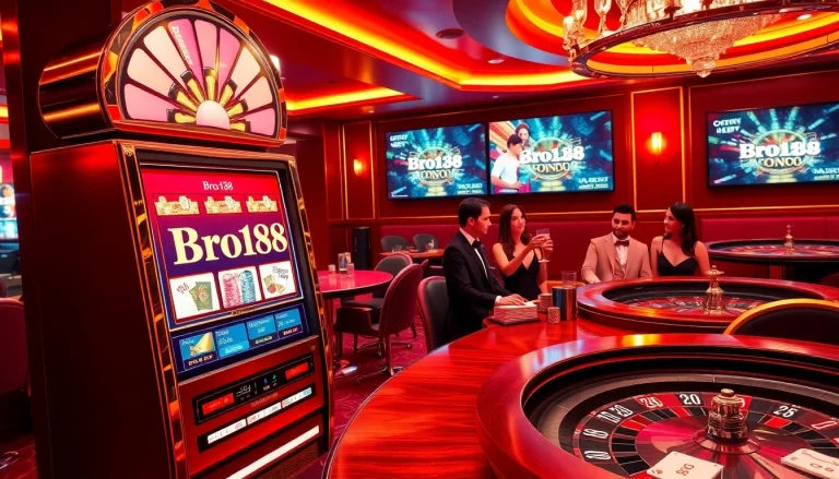 Play at the Bro138 slot machines in a luxurious casino ambiance with vibrant games and players.