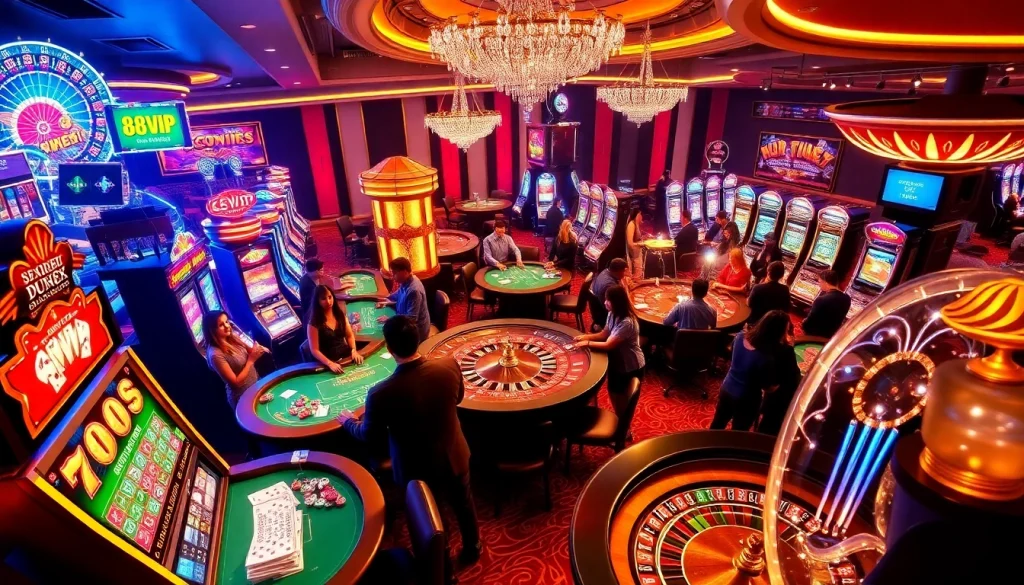 Players experiencing the excitement of 68VIP with casino tables and slot machines in a luxury atmosphere.