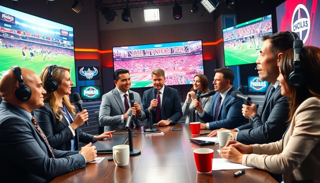 Engaging scene of sports broadcasting with diverse hosts discussing live sports events.