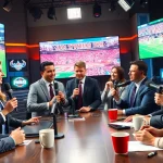 Engaging scene of sports broadcasting with diverse hosts discussing live sports events.
