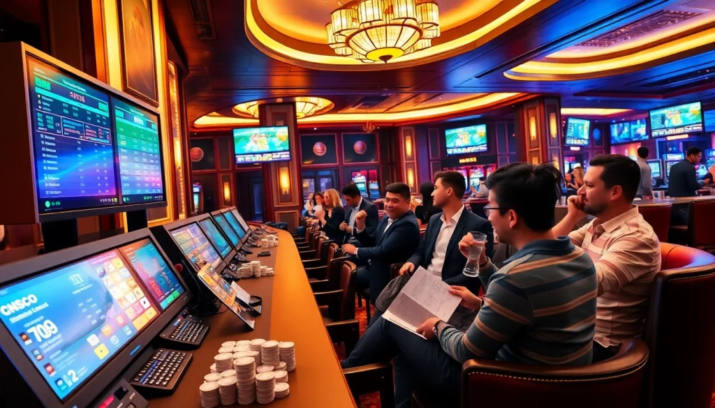 Engaging scene of เทคนิคแทงบอล at a plush sports betting terminal with enthusiastic bettors.