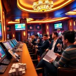 Engaging scene of เทคนิคแทงบอล at a plush sports betting terminal with enthusiastic bettors.