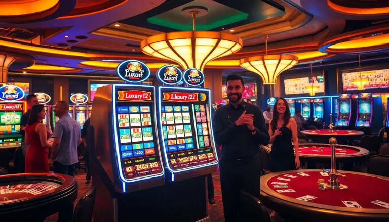 Players enjoy the Luxury12 slot machine in an upscale casino atmosphere.