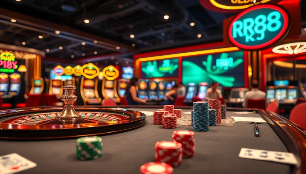 Experience thrilling gameplay at RR88 KJC with vibrant casino tables, poker chips, and roulette wheels.