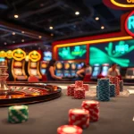 Experience thrilling gameplay at RR88 KJC with vibrant casino tables, poker chips, and roulette wheels.