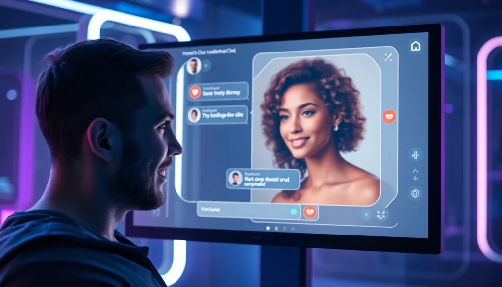 Porn AI chat interaction featuring virtual character and user in a futuristic digital setting.