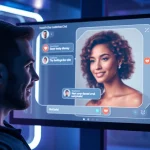 Porn AI chat interaction featuring virtual character and user in a futuristic digital setting.