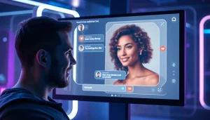 Porn AI chat interaction featuring virtual character and user in a futuristic digital setting.