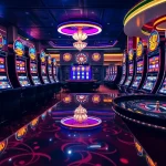 Engaging with slot gacor machines amid a vibrant casino atmosphere filled with excitement.