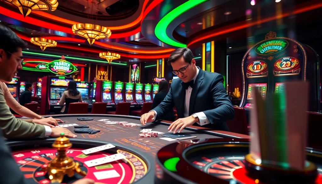 Win big at lc88pro.com with this exciting casino scene showcasing thrilling card games and vibrant slot machines.