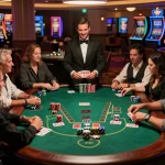Engaged players at a bustling blackjack table strategizing their bets while filling their balance เติมเงิน for more game excitement