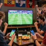 A group of friends actively engaging in soi kèo while watching a live football match, checking odds on smartphones in a lively sports bar.