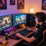 Engaging adult game experience with vibrant gaming setup and multiple game displays.