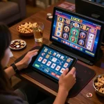 Engaging in LUCK8 online gaming session on tablet, showcasing vibrant slot machines and poker cards