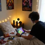 Person enjoying a sex game on a tablet in a cozy bedroom environment.