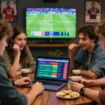 Teman-teman terlibat dalam strategi taruhan Sydneycuan untuk Piala Dunia 2026 dengan diskusi hidup di sekitar laptop dalam suasana bertema olahraga.