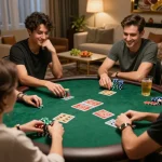 Friends enjoying a poker night at home while engaging in TWIN68 gaming strategies and laughter