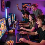 Teman-teman menikmati sesi permainan yang mendebarkan dengan slot gacor hari ini, menampilkan grafik permainan slot yang cerah dan atmosfer yang hidup.