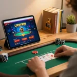 Engaged in a LUCKYWIN.COM poker game on a tablet, cozy home office setting.