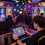 Pemain terlibat dalam permainan situs slot di atmosfer kasino online yang menarik, menampilkan animasi berwarna-warni dan lingkungan yang hidup.