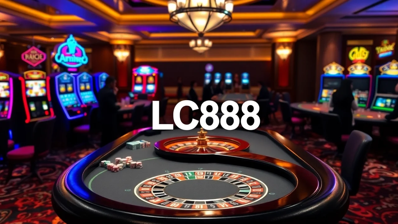 Experience the thrill of gaming with LC88 at a vibrant casino backdrop.