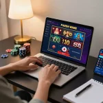 SIN88 player engaging in online casino games at home desk with laptop, chips, and strategy notes.